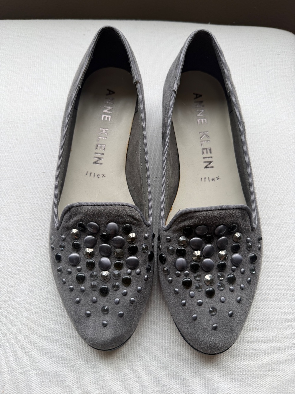 Anne Klein Gray Suede Studded Loafers